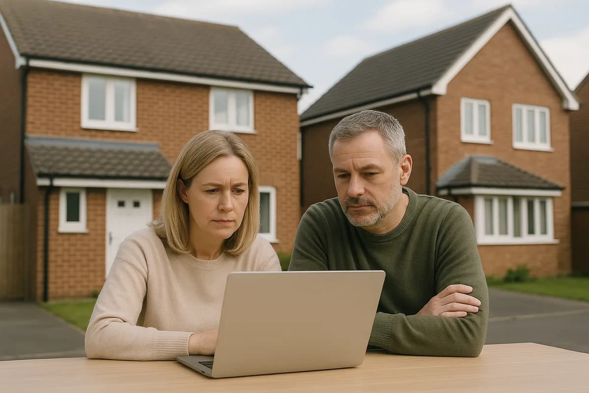 UK couple researching solar panel pros and cons on laptop outside their home