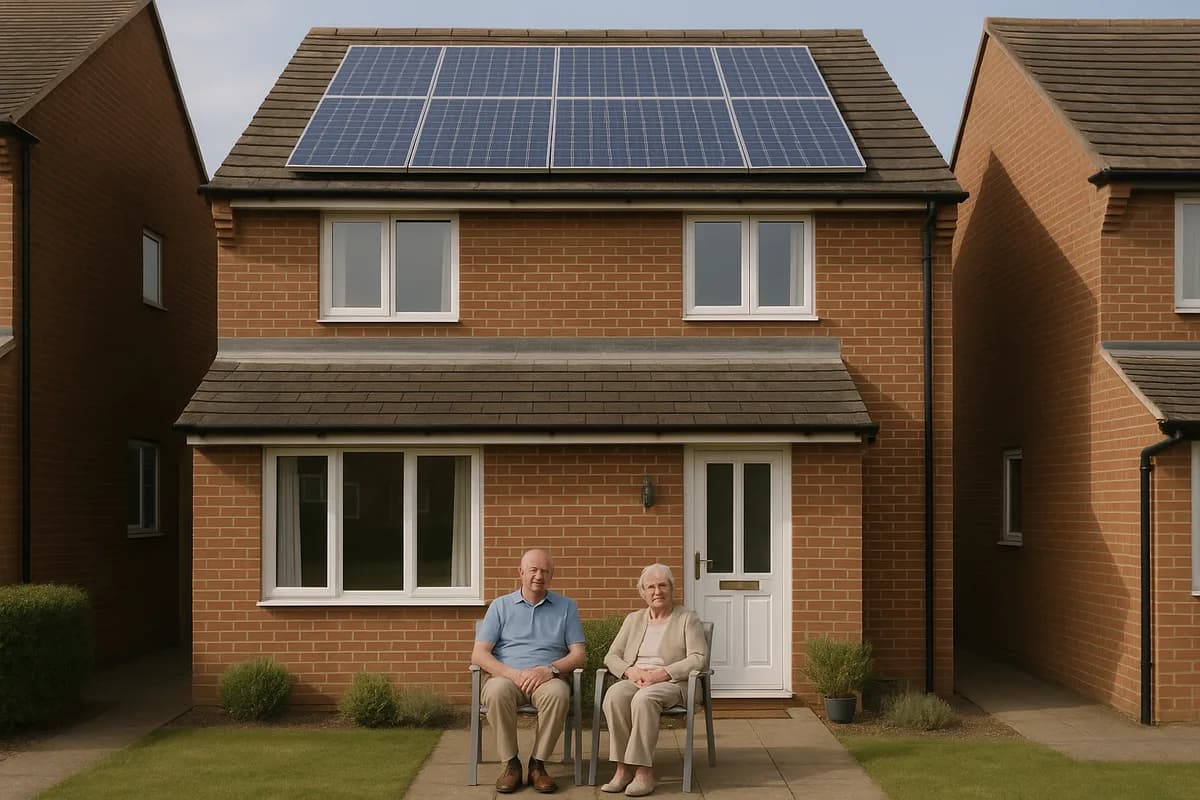 Retired UK couple sitting outside their solar-powered home