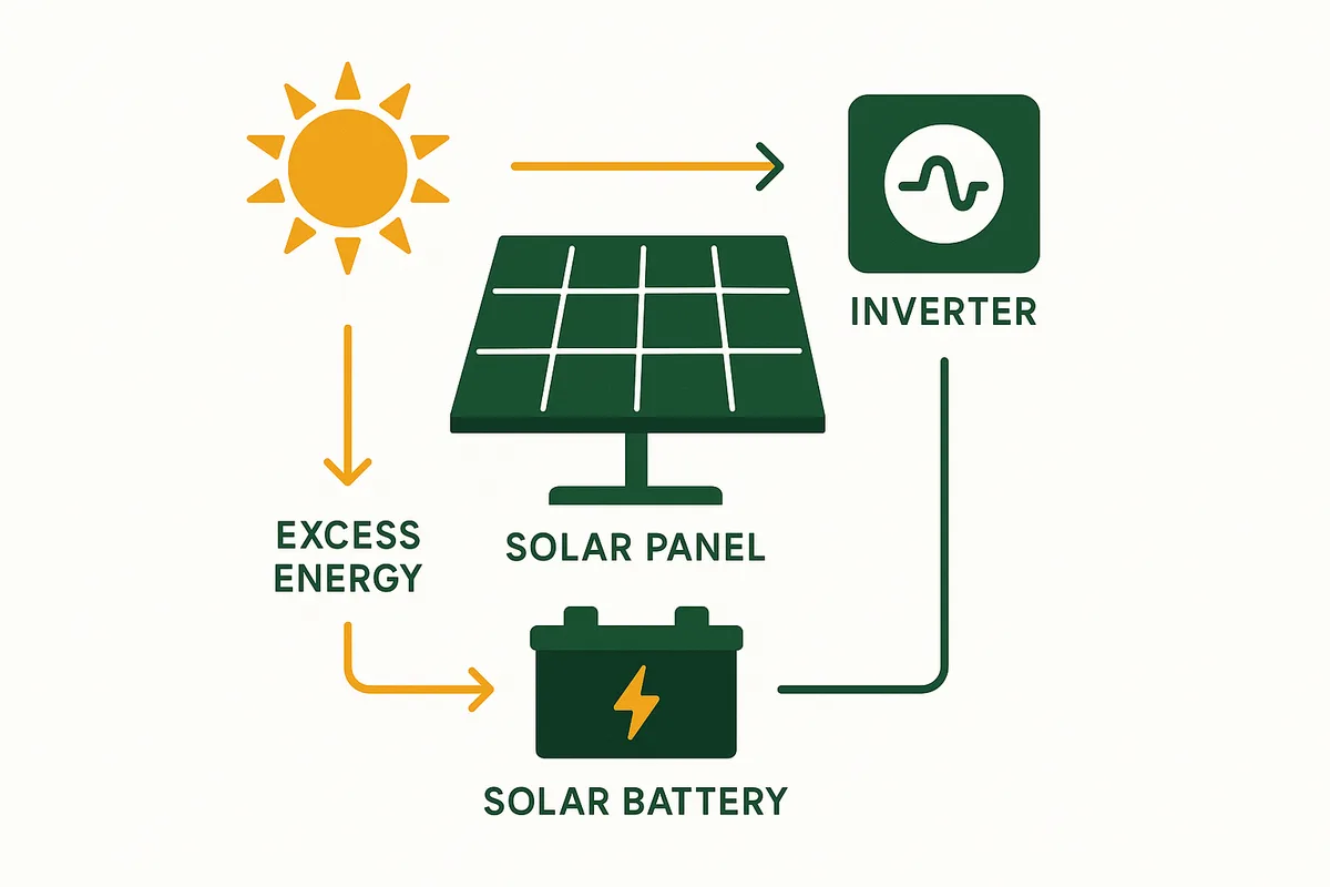 Solar excess daytime energy stored in battery for evening use in UK home