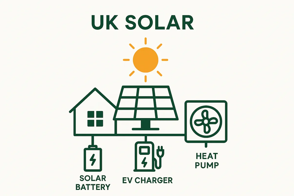 Solar panels powering home battery EV charger and heat pump system