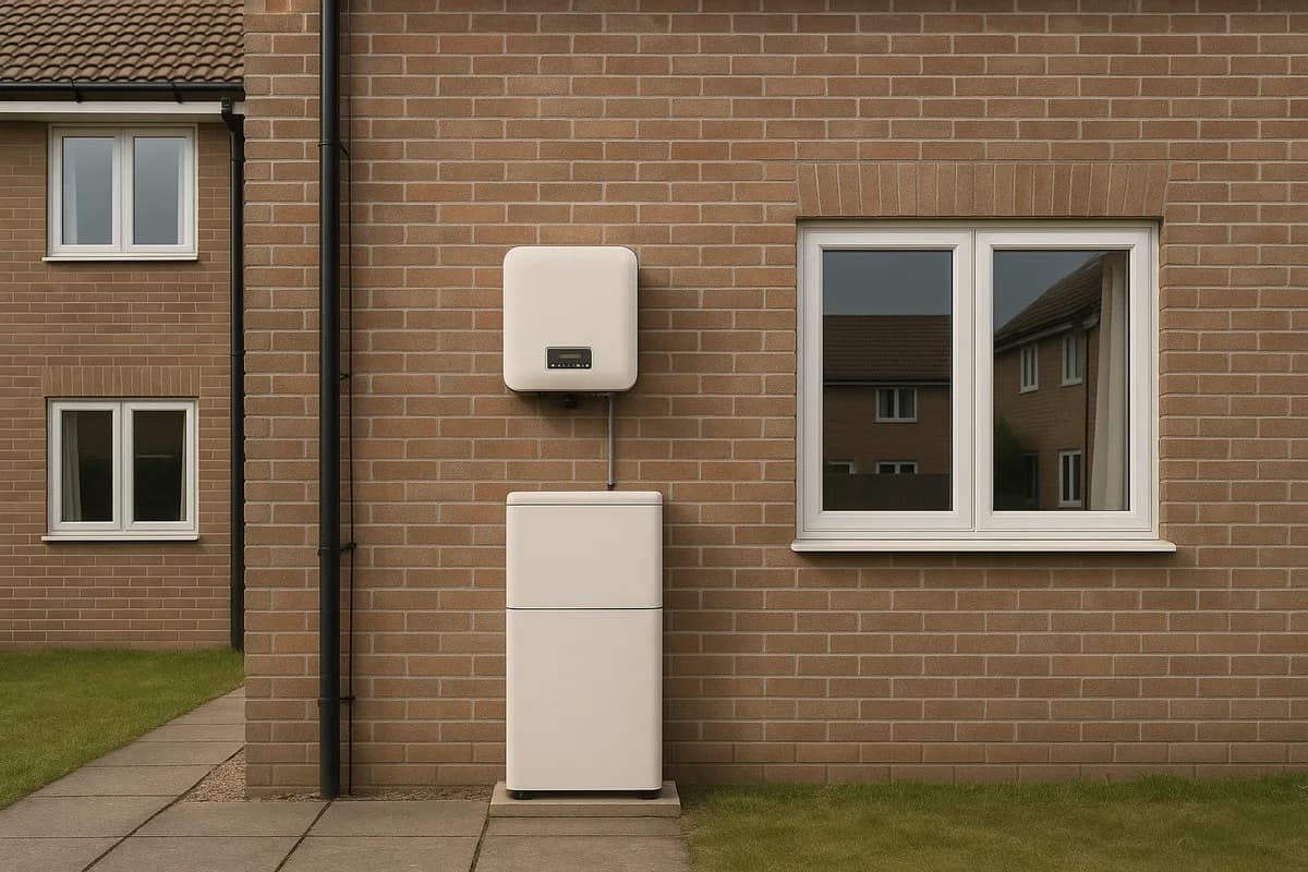 Outdoor solar battery storage unit and inverter mounted on UK home wall