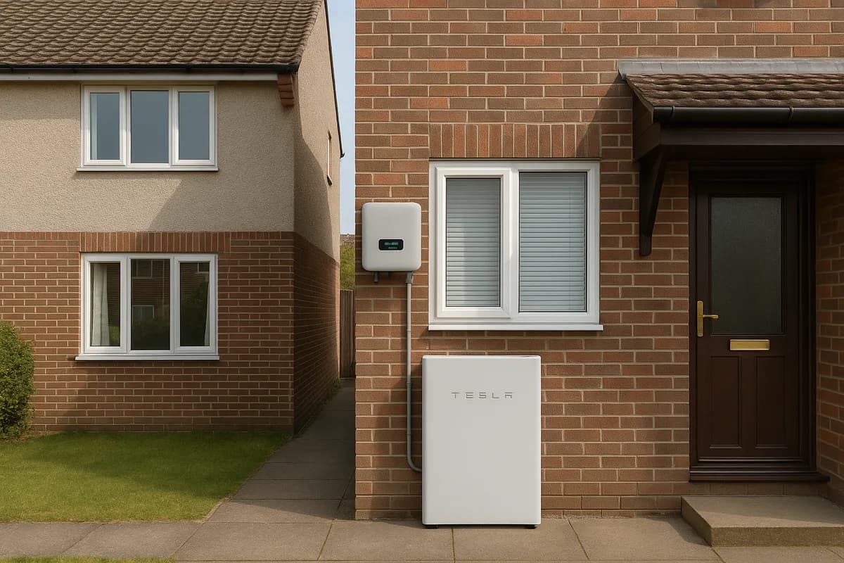 Tesla Powerwall battery and inverter installed on exterior wall of UK brick home
