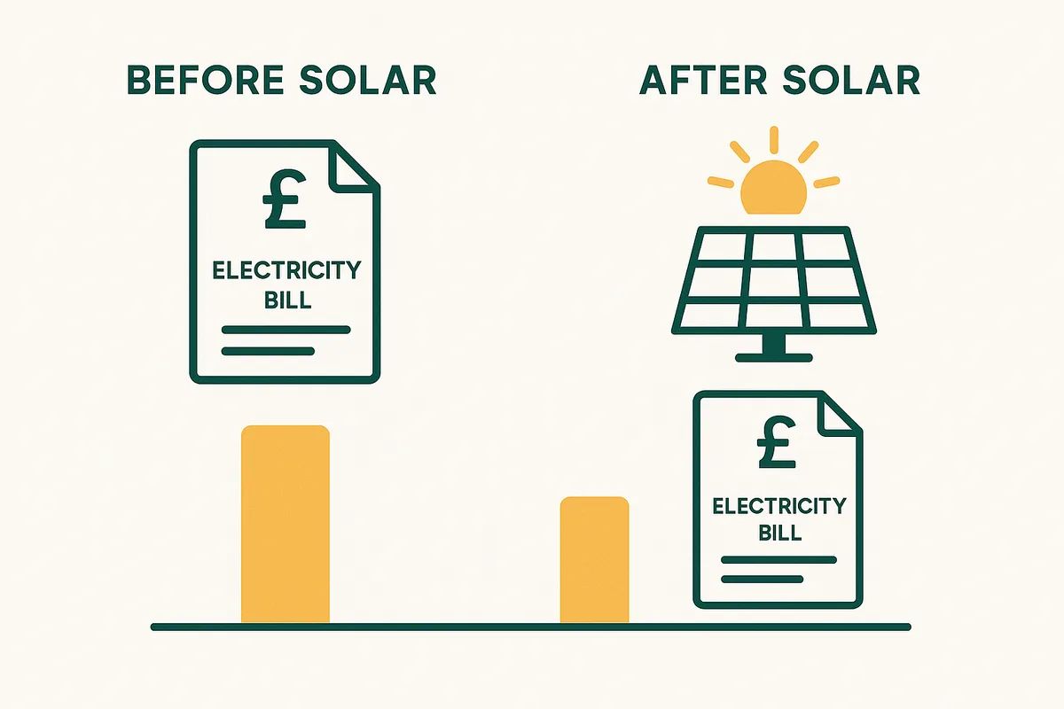 Before and after electricity bill comparison showing solar savings in UK homes