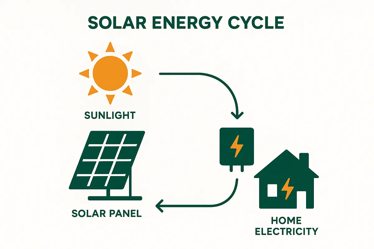 Complete solar energy cycle from sunlight capture to home electricity delivery