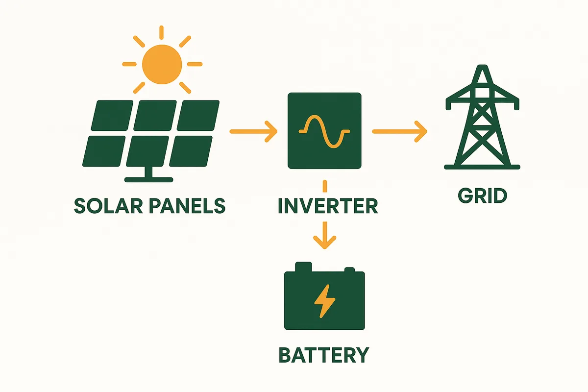 Solar energy flow from panels to inverter with battery and grid connections