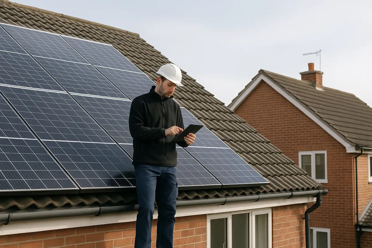 Solar installer using tablet to inspect and monitor solar panel system on UK home