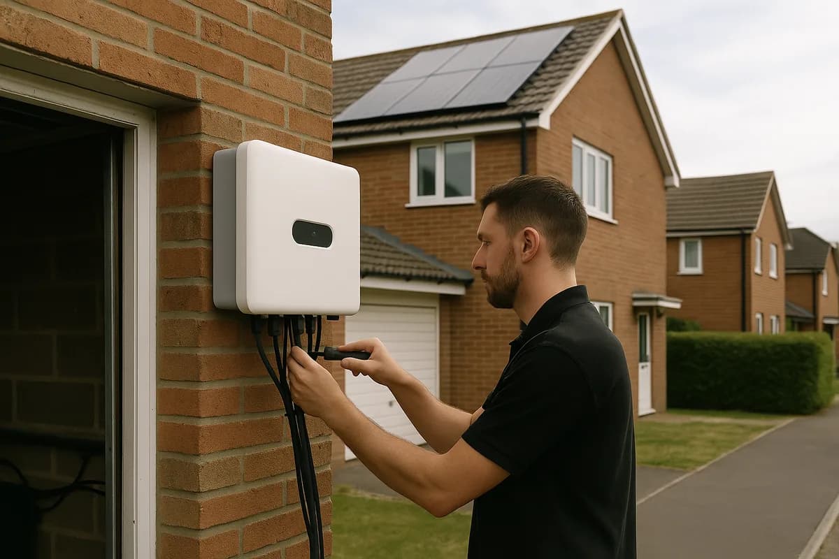 Wall-mounted solar inverter being installed outside a UK home with panels on the roof