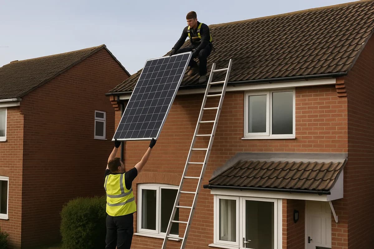 Two installers lifting a solar panel to install on a UK home roof