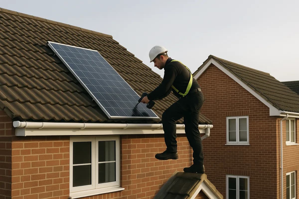 Professional solar installer carrying panel up to UK roof in safety gear