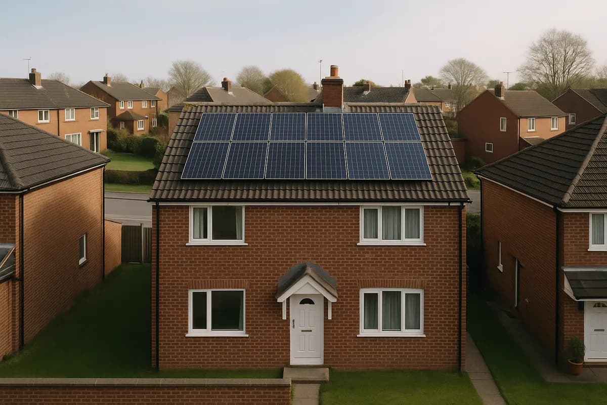 Aerial view of solar panels on UK home roof showing panel surface condition