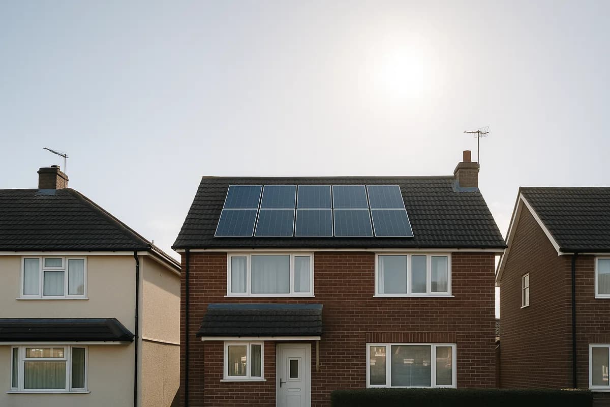 Solar panels on UK home roof backlit by sun showing clean energy generation