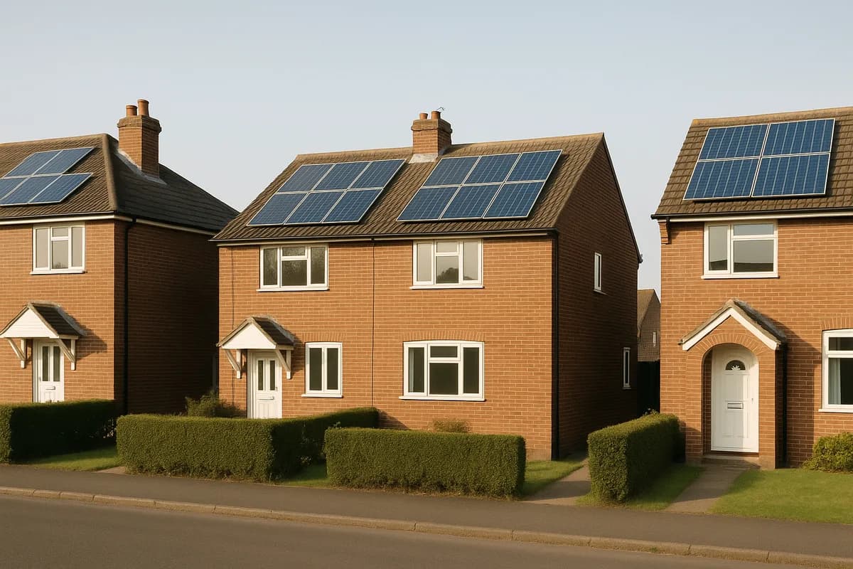 Multiple UK homes with solar panels installed across a residential housing estate