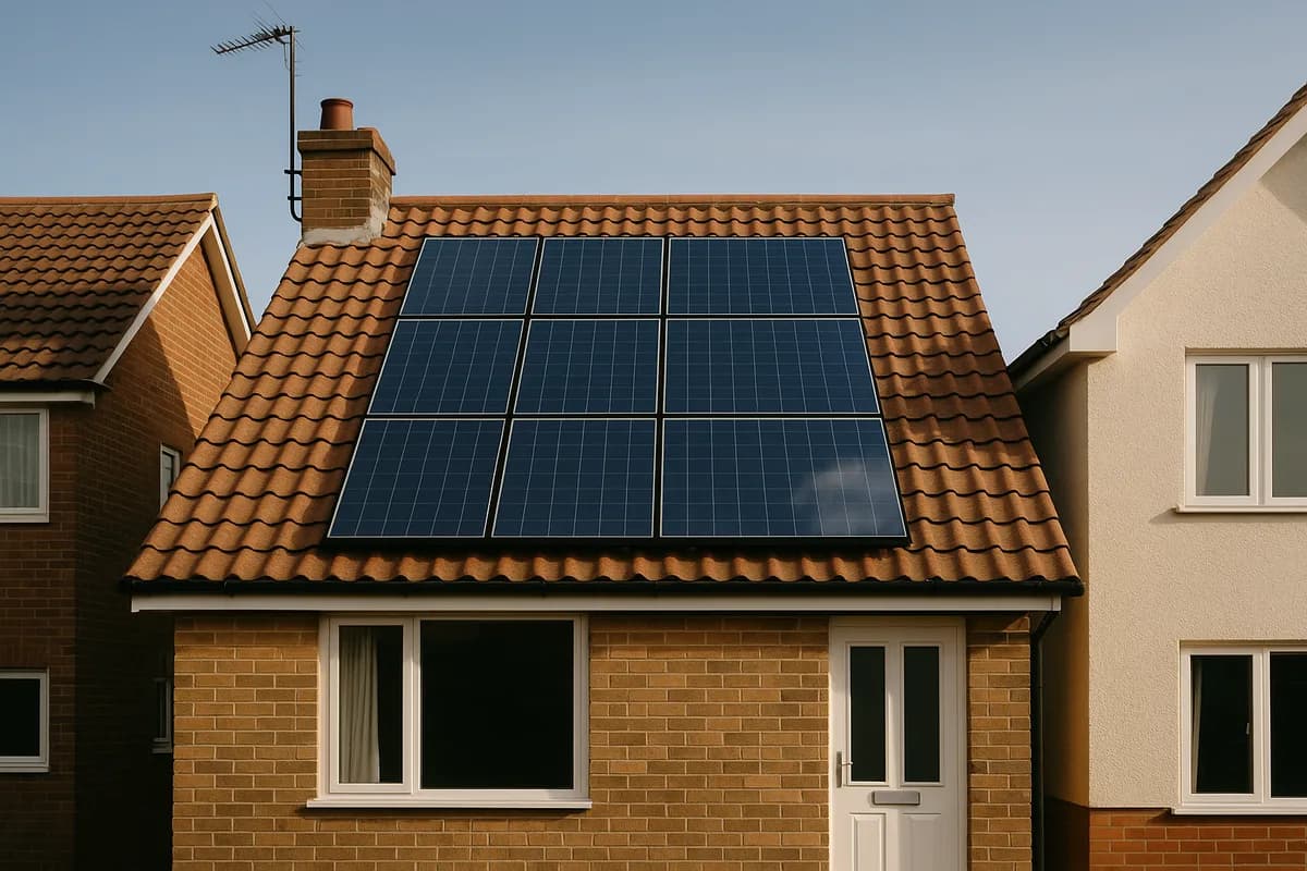 Close-up of solar panels on a small UK house roof