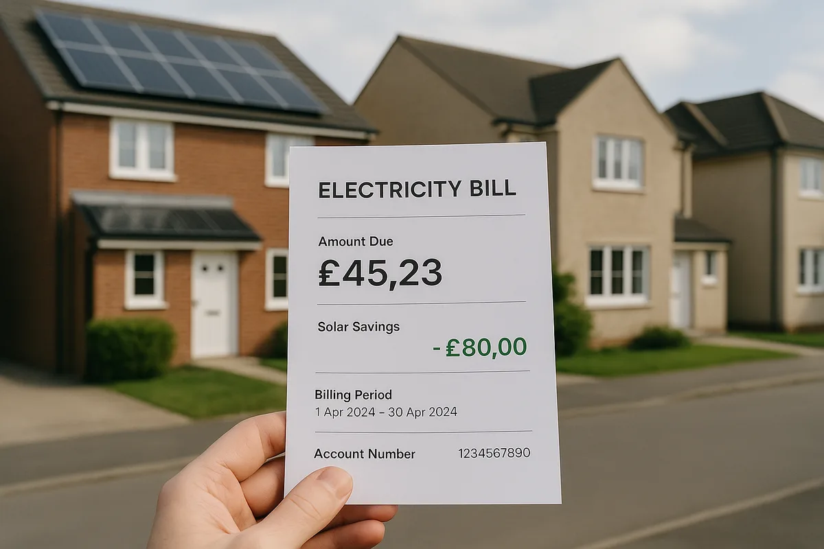 UK electricity bill showing solar savings of £80 with panels on home