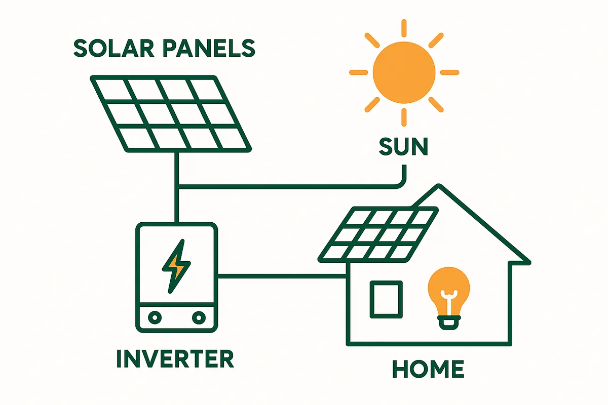 Diagram showing how solar panels connect to an inverter and power a UK home