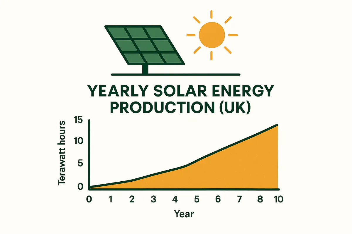 UK yearly solar energy production chart showing consistent annual output